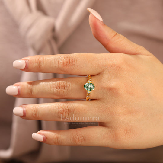 14k Yellow Gold Ornate Filigree Shank Ring Vintage Oval Cut Natural Moss Agate Engagement Rings Carved Vine Bridal Ring