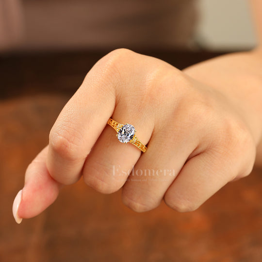 14K Oval Cut Hollow-Out Yellow Gold Band Lab Grown Diamond Filigree Band Ring Engagement Ring (IGI Certified)