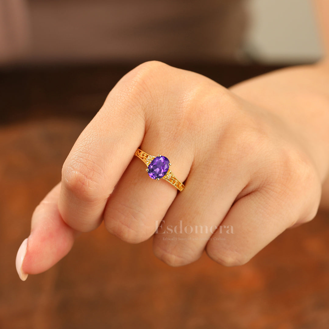 14k Yellow Gold Ornate Filigree Shank Ring Vintage Oval Cut Natural Amethyst Engagement Rings Carved Vine Bridal Ring