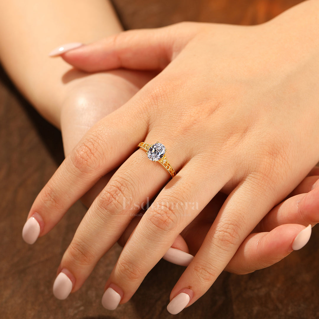 14K Oval Cut Hollow-Out Yellow Gold Band Lab Grown Diamond Filigree Band Ring Engagement Ring (IGI Certified)