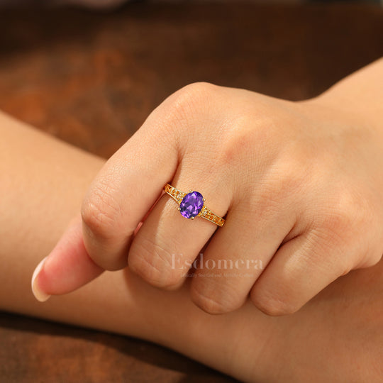 14k Yellow Gold Ornate Filigree Shank Ring Vintage Oval Cut Natural Amethyst Engagement Rings Carved Vine Bridal Ring