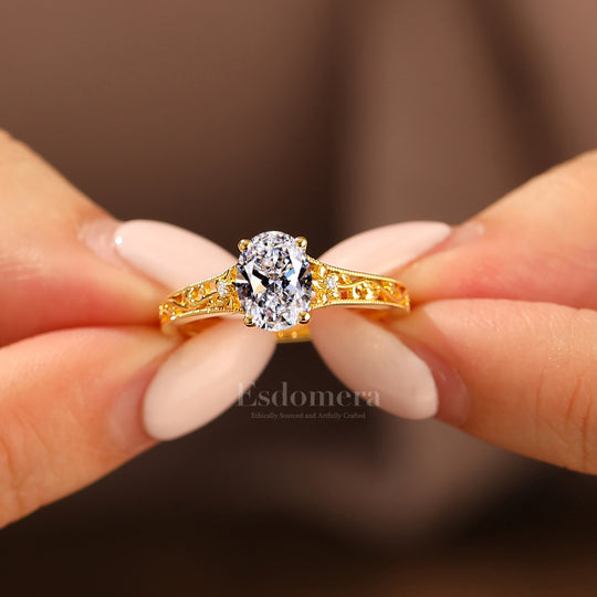 14K Oval Cut Hollow-Out Yellow Gold Band Lab Grown Diamond Filigree Band Ring Engagement Ring (IGI Certified)