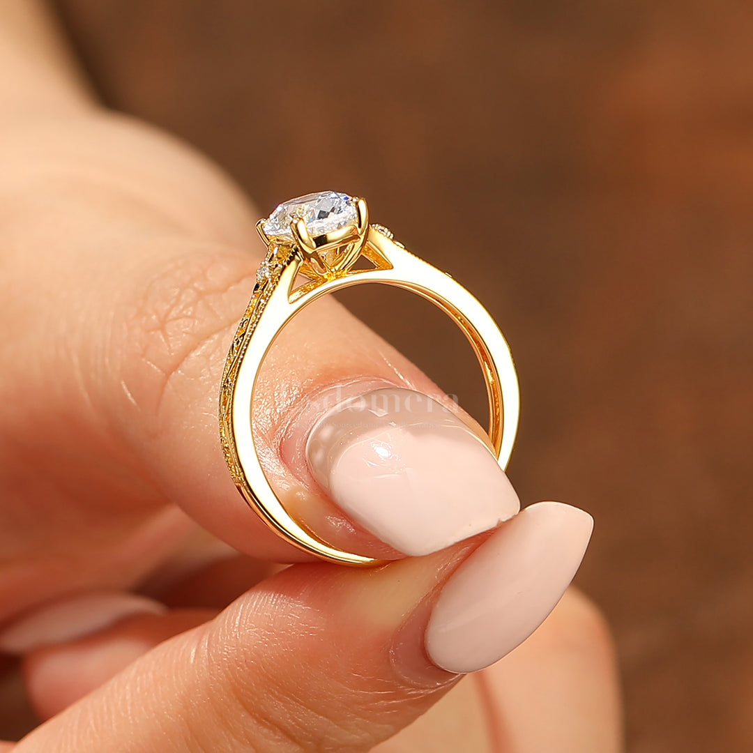 14k Gelbgold Verzierter Filigran-Ring Vintage Ovaler Moissanit Verlobungsring Mit Eingraviertem Weinranken-Design Braut-Ring