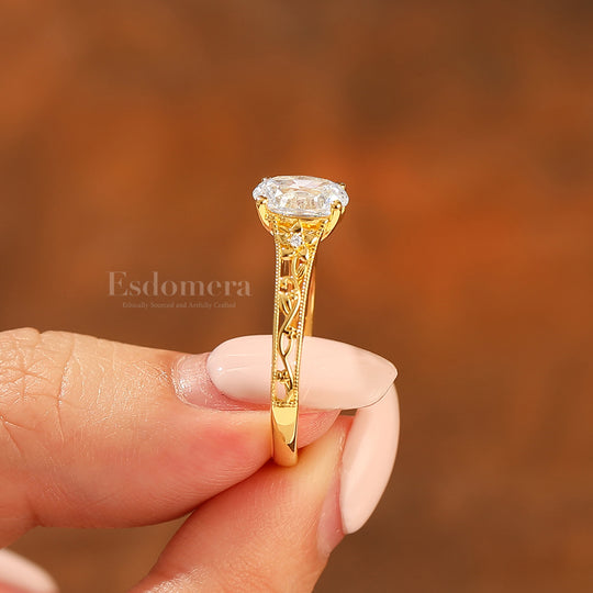 14k Gelbgold Verzierter Filigran-Ring Vintage Ovaler Moissanit Verlobungsring Mit Eingraviertem Weinranken-Design Braut-Ring