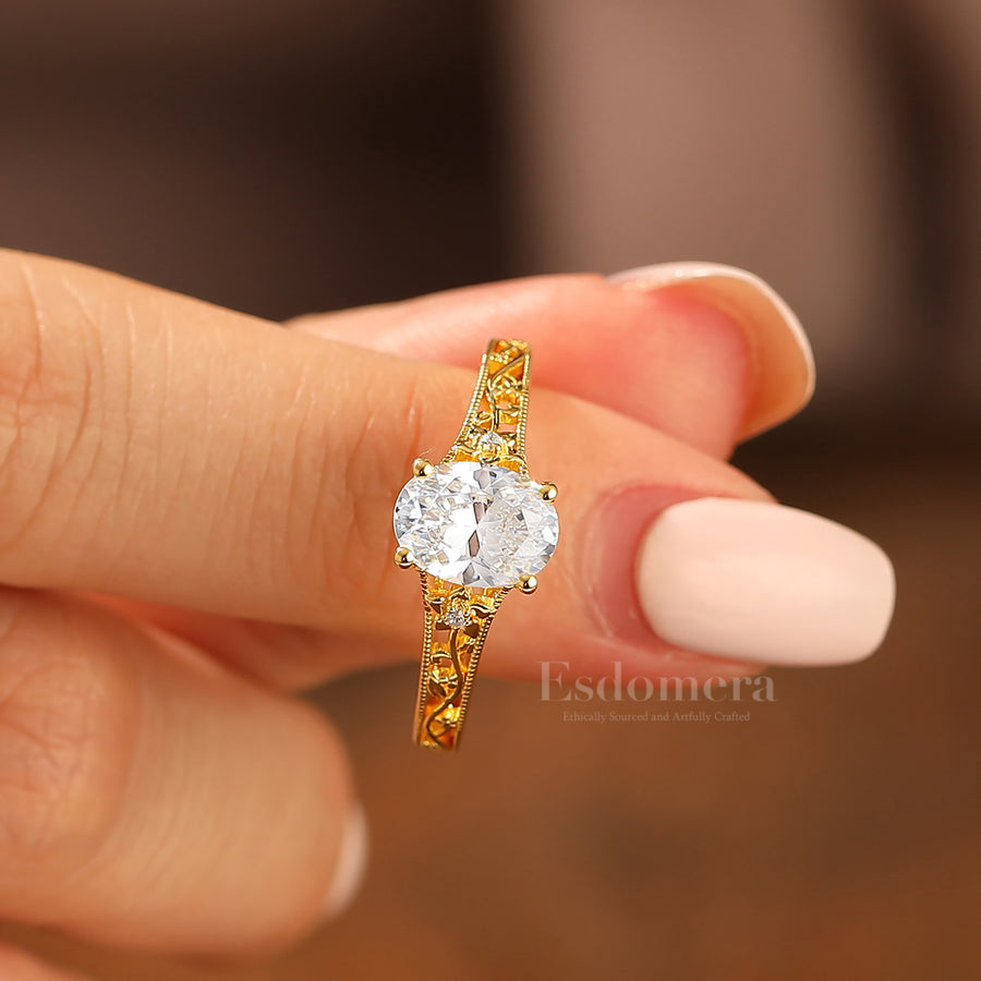 14k Yellow Gold Ornate Filigree Shank Ring Vintage Oval Cut Moissanite Engagement Rings Carved Vine Bridal Ring