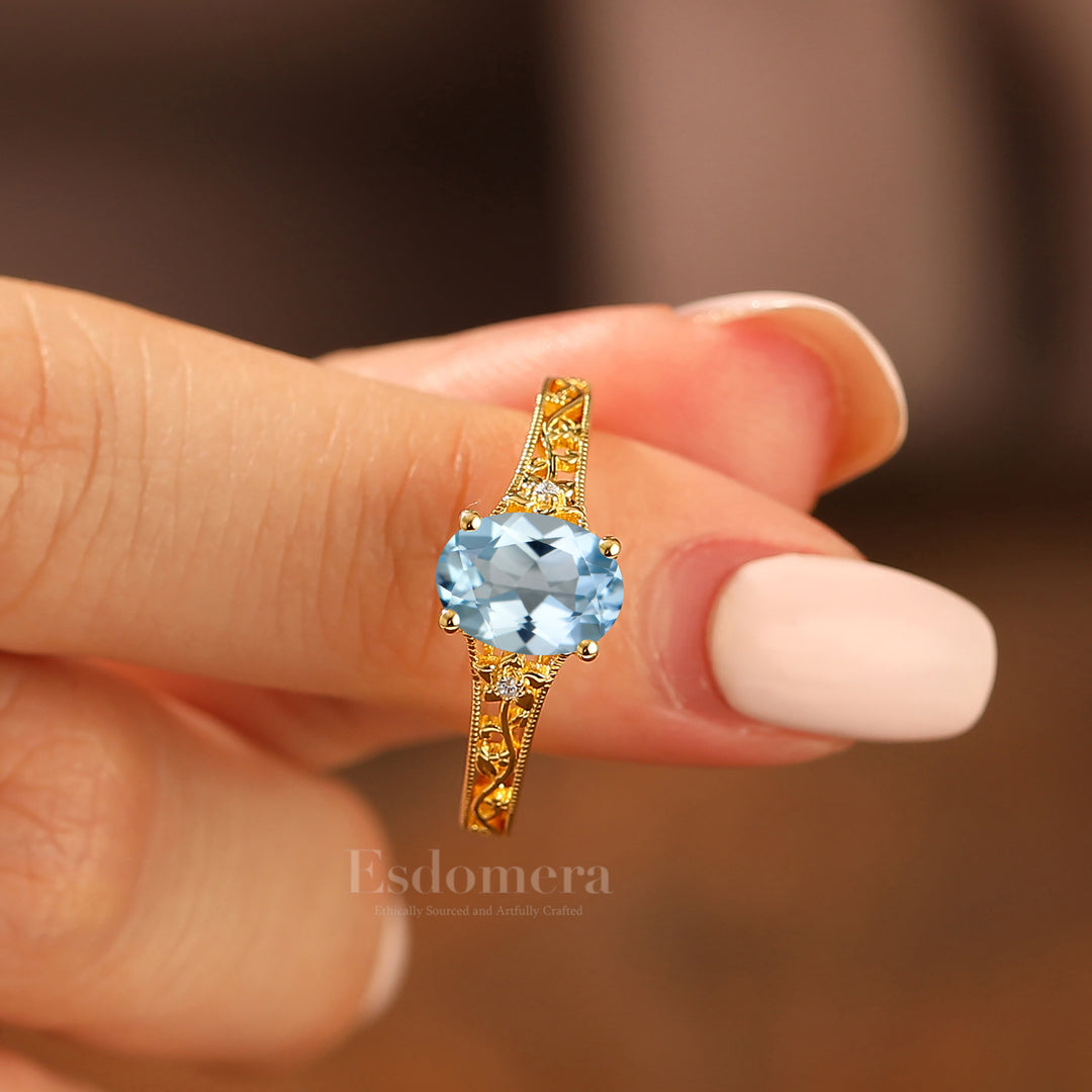 14k Yellow Gold Ornate Filigree Shank Ring Vintage Oval Cut Aquamarine Engagement Rings Carved Vine Bridal Ring