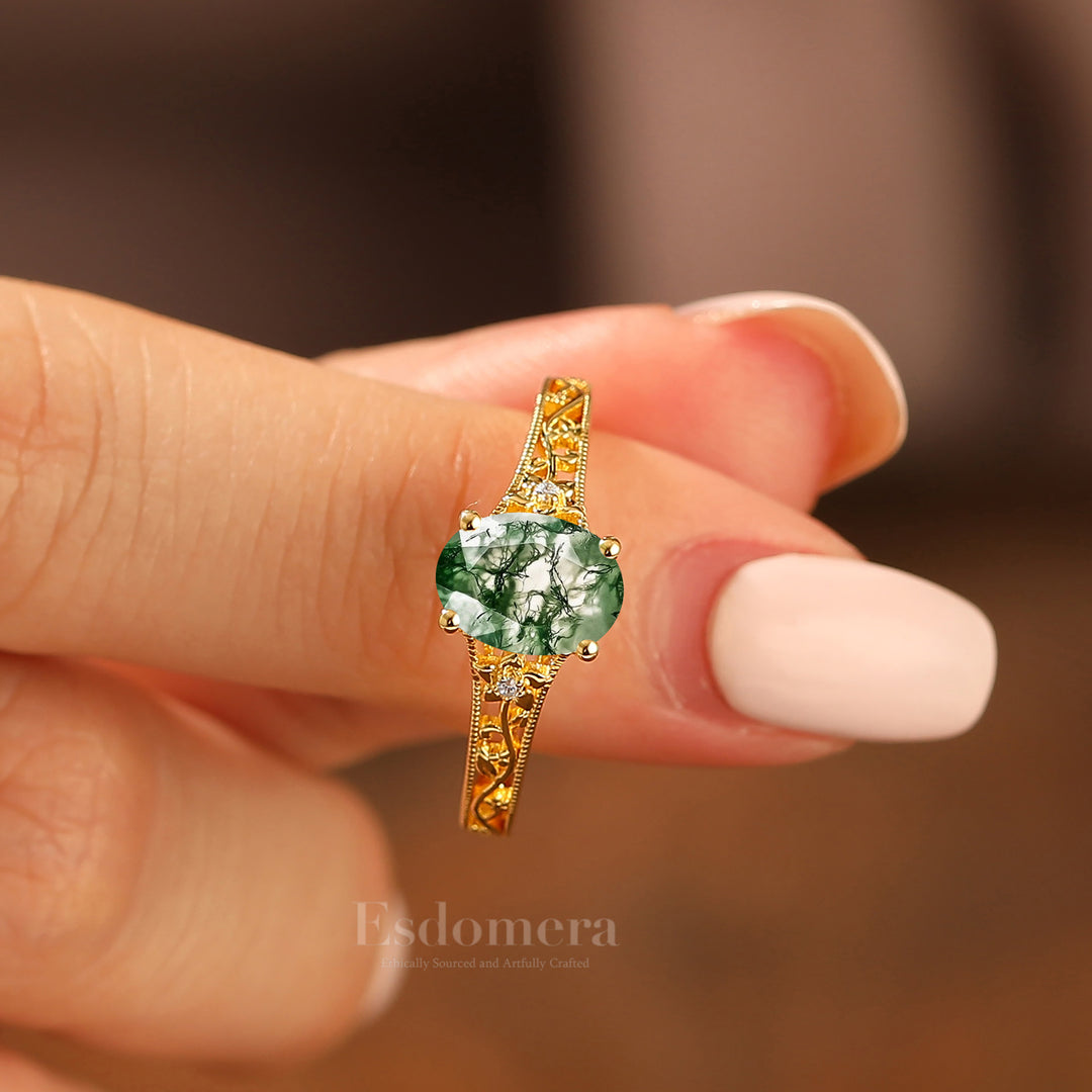 14k Yellow Gold Ornate Filigree Shank Ring Vintage Oval Cut Natural Moss Agate Engagement Rings Carved Vine Bridal Ring
