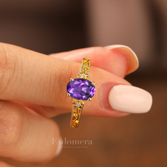 14k Yellow Gold Ornate Filigree Shank Ring Vintage Oval Cut Natural Amethyst Engagement Rings Carved Vine Bridal Ring