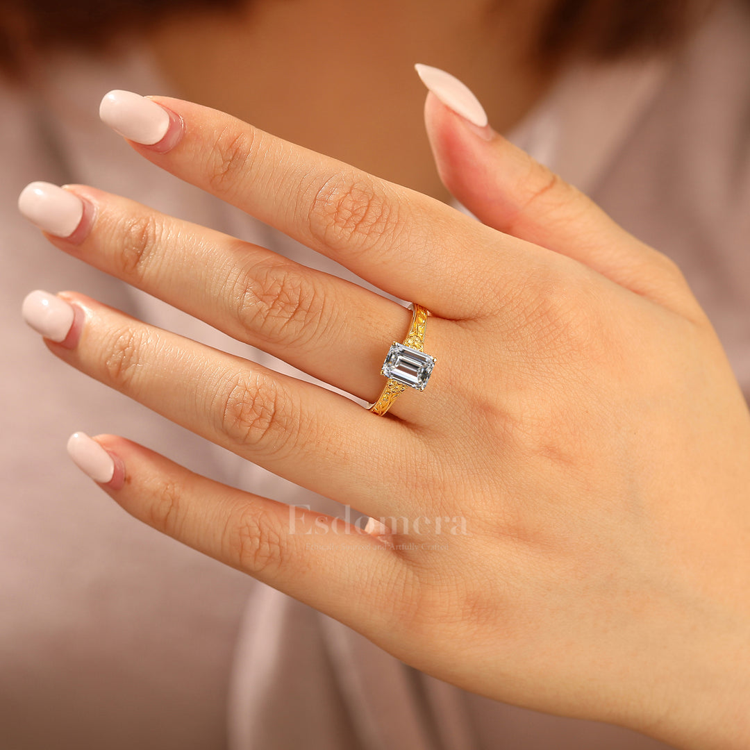 Floral Vine Relief Design Emerald Cut Lab Grown Diamond Ring Botanische Handgemaakte Damesring (IGI Gecertificeerd)