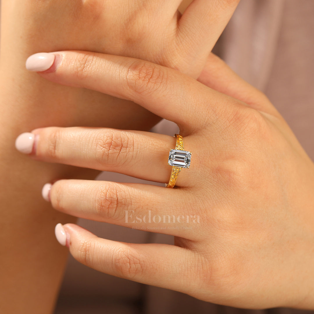 Floral Vine Relief Design Emerald Cut Lab Grown Diamond Ring Botanische Handgemaakte Damesring (IGI Gecertificeerd)