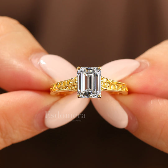 Floral Vine Relief Design Emerald Cut Lab Grown Diamond Ring Botanische Handgemaakte Damesring (IGI Gecertificeerd)