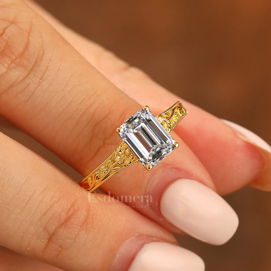 Floral Vine Relief Design Emerald Cut Lab Grown Diamond Ring Botanische Handgemaakte Damesring (IGI Gecertificeerd)