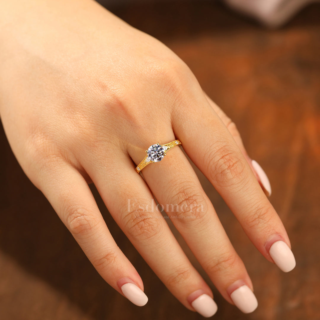 Solid Yellow Gold 1CT Round Lab Grown Diamond Women Ring Vintage Filigree Wedding Ring (IGI Certified)