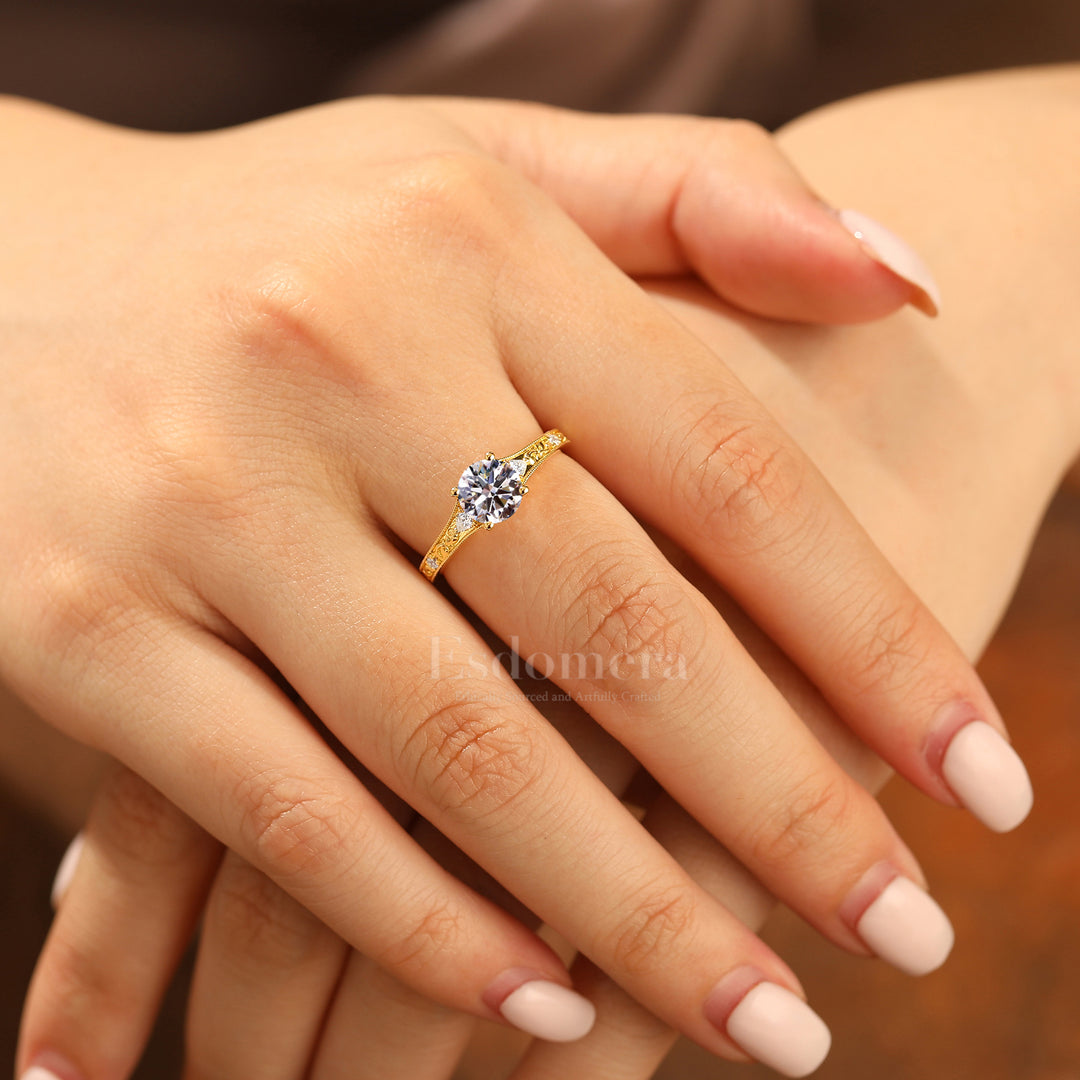 Solid Yellow Gold 1CT Round Lab Grown Diamond Women Ring Vintage Filigree Wedding Ring (IGI Certified)