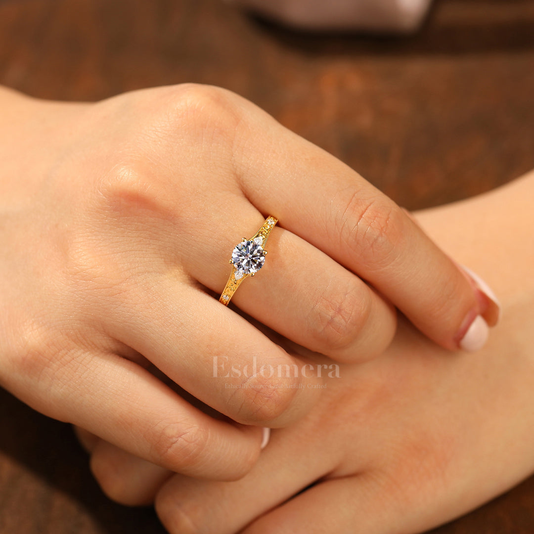 Solid Yellow Gold 1CT Round Lab Grown Diamond Women Ring Vintage Filigree Wedding Ring (IGI Certified)