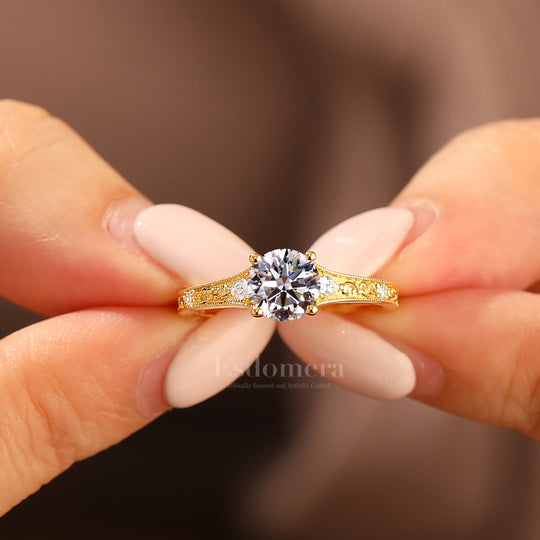 Solid Yellow Gold 1CT Round Lab Grown Diamond Women Ring Vintage Filigree Wedding Ring (IGI Certified)