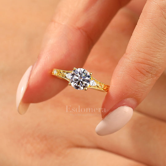 Solid Yellow Gold 1CT Round Lab Grown Diamond Women Ring Vintage Filigree Wedding Ring (IGI Certified)