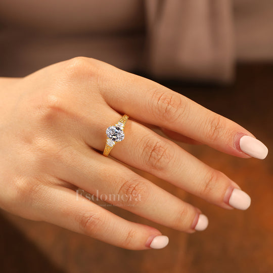 Retro Oval Schliff Laborgezüchteter Diamant Ehering 14k Massivgold Reben-Design Verlobungsring (IGI Zertifiziert)