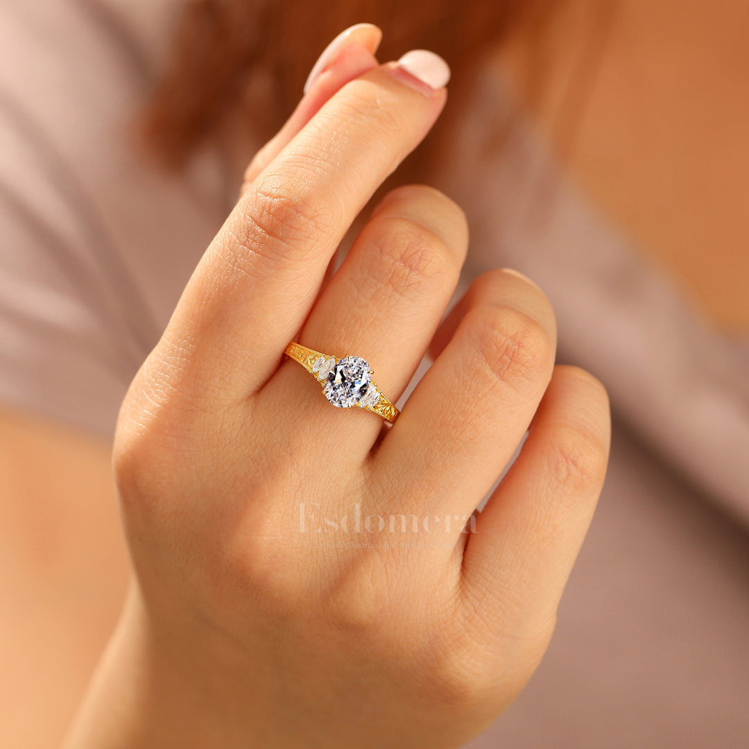 Retro Oval Schliff Laborgezüchteter Diamant Ehering 14k Massivgold Reben-Design Verlobungsring (IGI Zertifiziert)