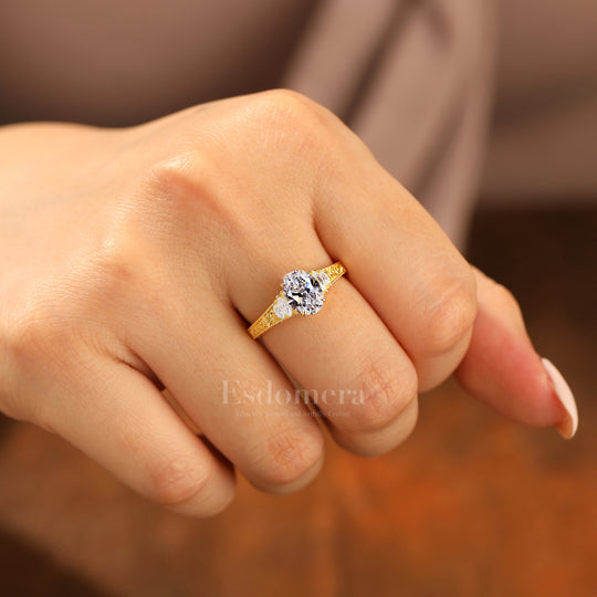 Retro Oval Schliff Laborgezüchteter Diamant Ehering 14k Massivgold Reben-Design Verlobungsring (IGI Zertifiziert)