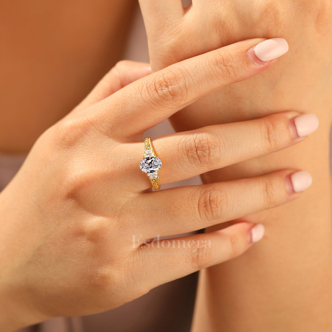 Retro Oval Schliff Laborgezüchteter Diamant Ehering 14k Massivgold Reben-Design Verlobungsring (IGI Zertifiziert)