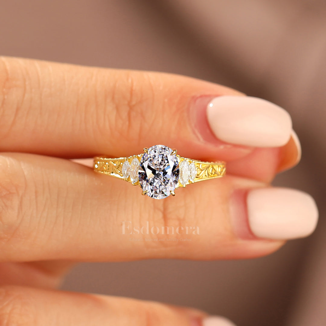 Retro Oval Schliff Laborgezüchteter Diamant Ehering 14k Massivgold Reben-Design Verlobungsring (IGI Zertifiziert)