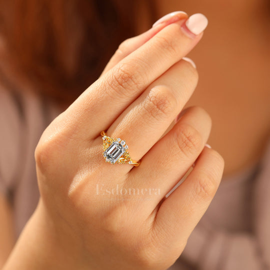 Victorian 2CT Unique Filigree Floral Emerald Cut Lab Grown Diamond Promise Ring (IGI Certified)