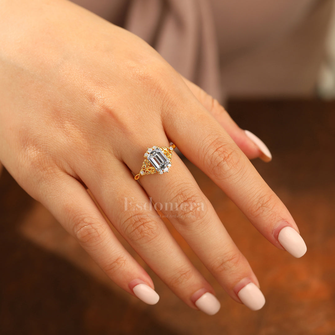 Victorian 2CT Unique Filigree Floral Emerald Cut Lab Grown Diamond Promise Ring (IGI Certified)