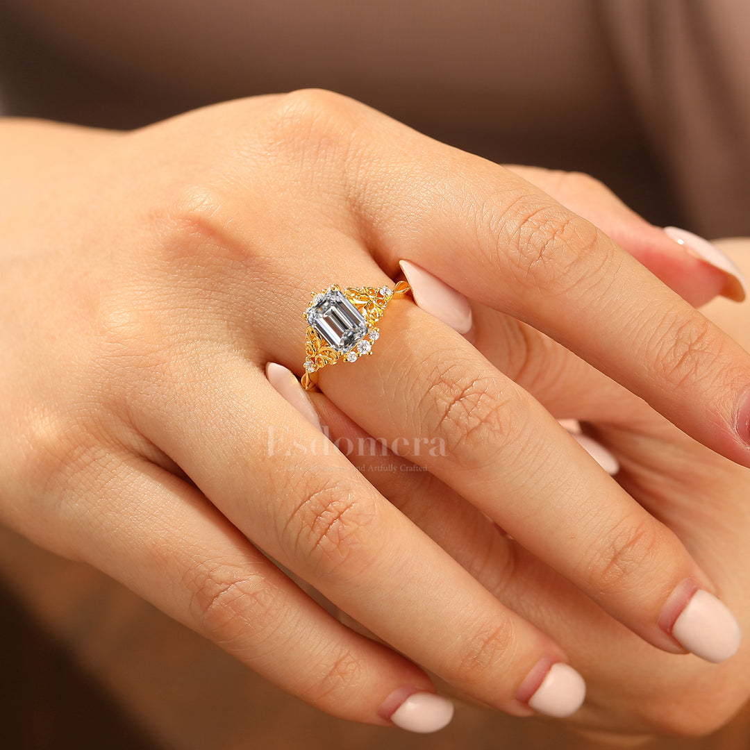 Victorian 2CT Unique Filigree Floral Emerald Cut Lab Grown Diamond Promise Ring (IGI Certified)