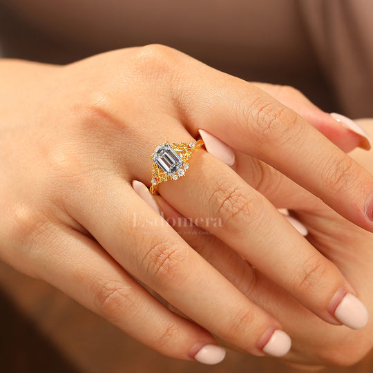 Victorian 2CT Unique Filigree Floral Emerald Cut Lab Grown Diamond Promise Ring (IGI Certified)
