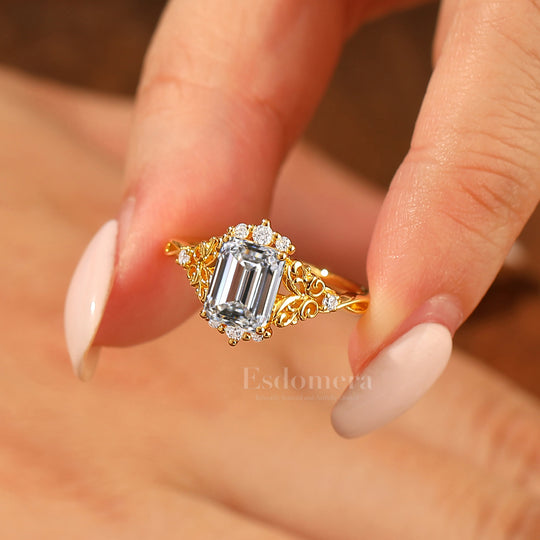Victorian 2CT Unique Filigree Floral Emerald Cut Lab Grown Diamond Promise Ring (IGI Certified)