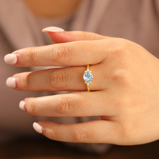 Round Filigree Vintage 14K Yellow Gold Aquamarine Engagement Ring Filigree Wedding Ring