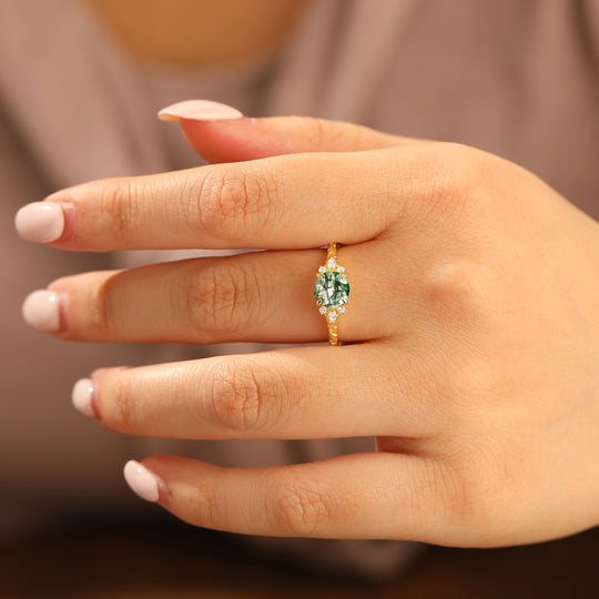 Round Filigree Vintage 14K Yellow Gold Natural Moss Agate Engagement Ring Filigree Wedding Ring