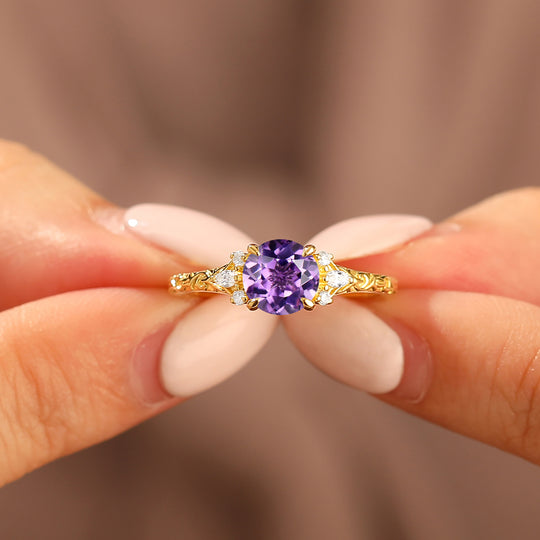 Round Filigree Vintage 14K Yellow Gold Natural Amethyst Engagement Ring Filigree Wedding Ring