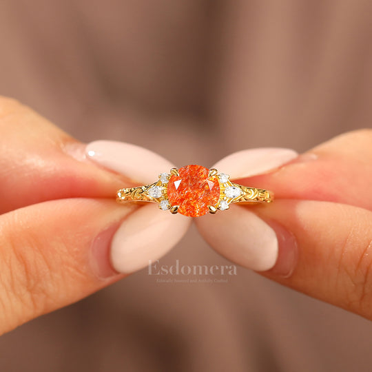Round Filigree Vintage 14K Yellow Gold Natural Sunstone Engagement Ring Filigree Wedding Ring