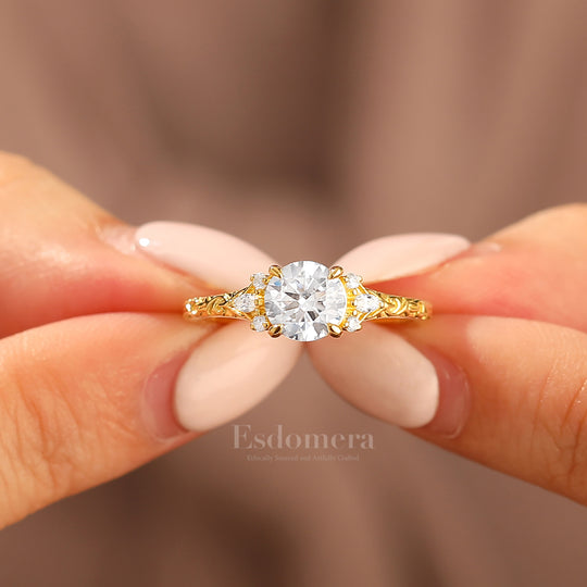 Round Filigree Vintage 14K Yellow Gold Moissanite Engagement Ring Filigree Wedding Ring