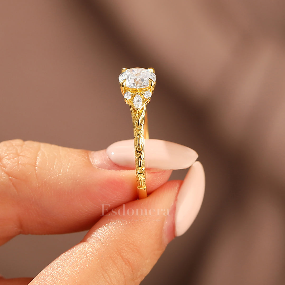 Round Filigree Vintage 14K Yellow Gold Moissanite Engagement Ring Filigree Wedding Ring