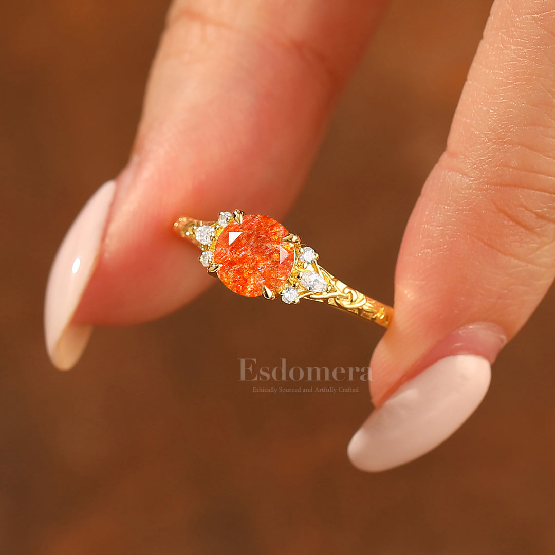 Round Filigree Vintage 14K Yellow Gold Natural Sunstone Engagement Ring Filigree Wedding Ring