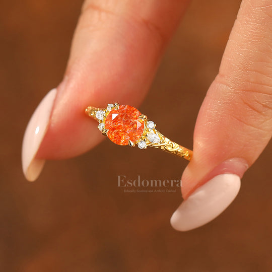 Round Filigree Vintage 14K Yellow Gold Natural Sunstone Engagement Ring Filigree Wedding Ring