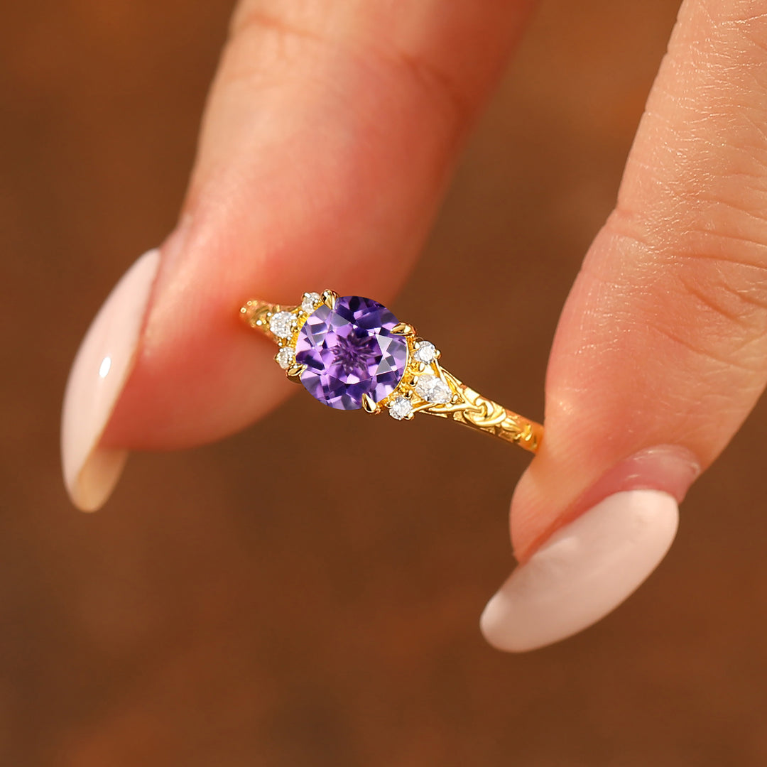 Round Filigree Vintage 14K Yellow Gold Natural Amethyst Engagement Ring Filigree Wedding Ring