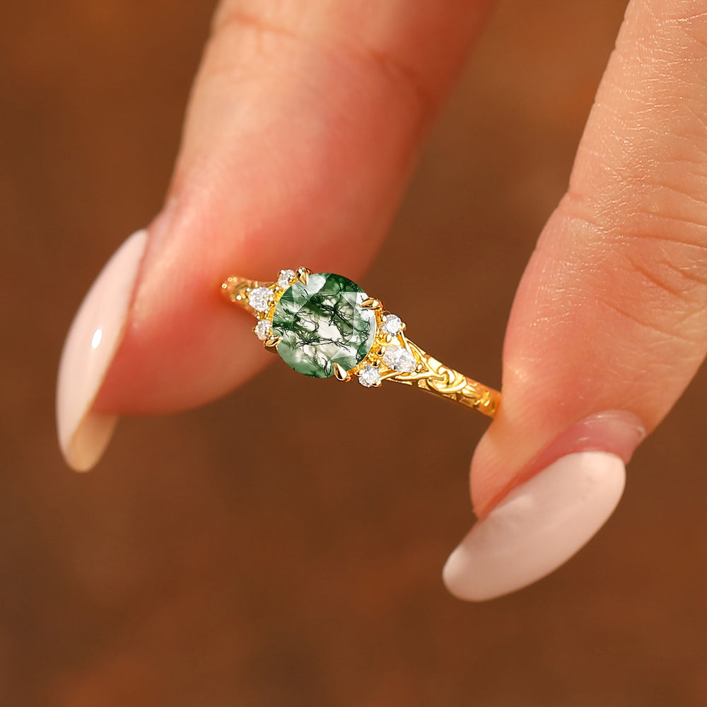 Round Filigree Vintage 14K Yellow Gold Natural Moss Agate Engagement Ring Filigree Wedding Ring