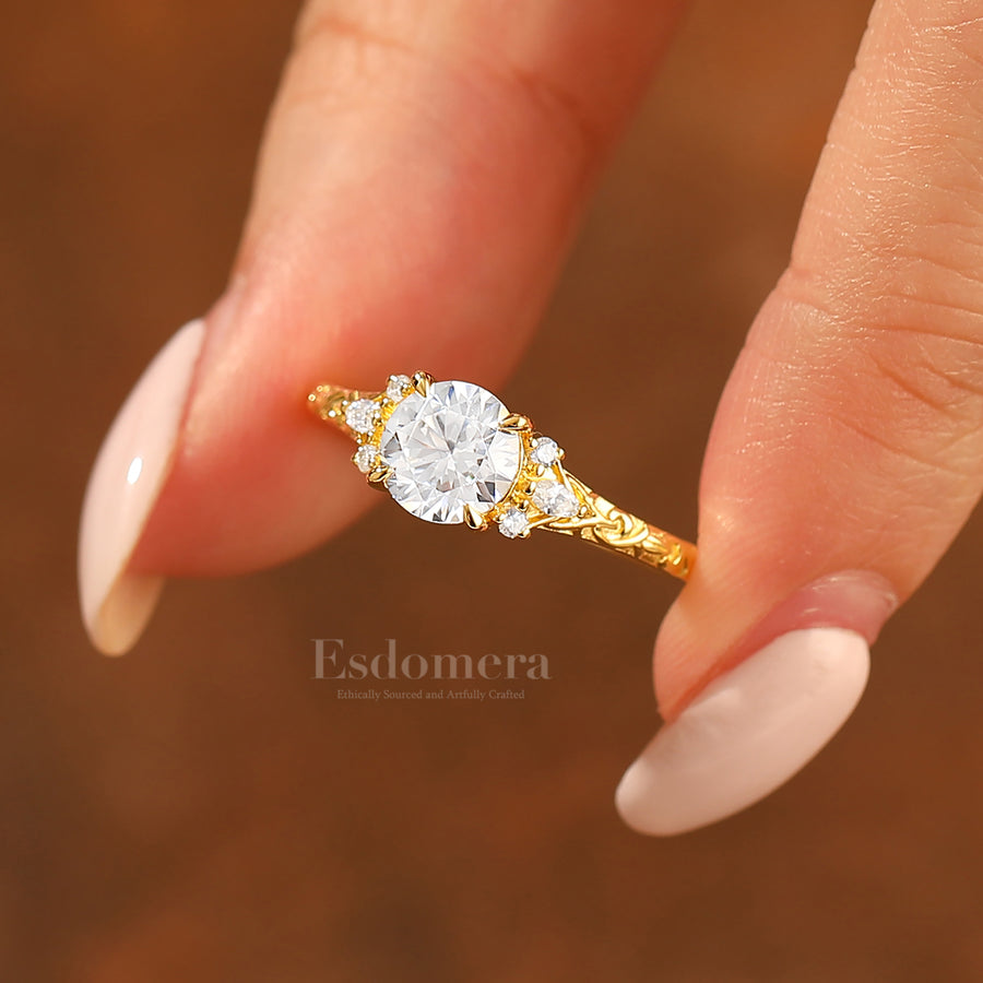 Round Filigree Vintage 14K Yellow Gold Moissanite Engagement Ring Filigree Wedding Ring