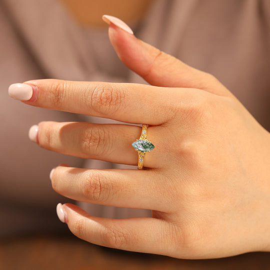Artsy Marquise Cut Moss Agate Filigreed Milgrained Women Ring Solid Yellow Gold Bridal Ring