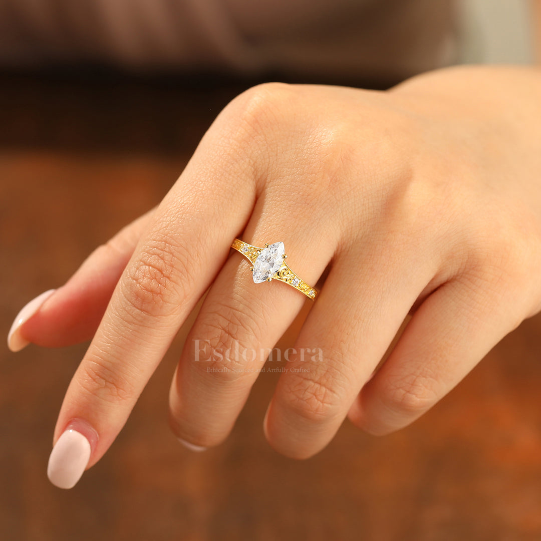 Vine Flourish Marquise Cut Moissanite Damenring Vintage Filigraner Moissanite Verlobungsring