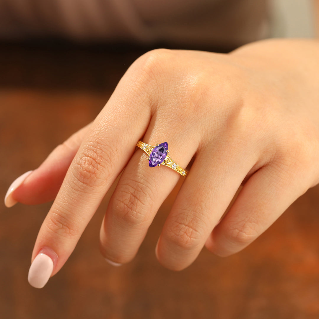 Antique Style Amethyst Women Ring Filigreed Vine Prong Setting Engagement Ring
