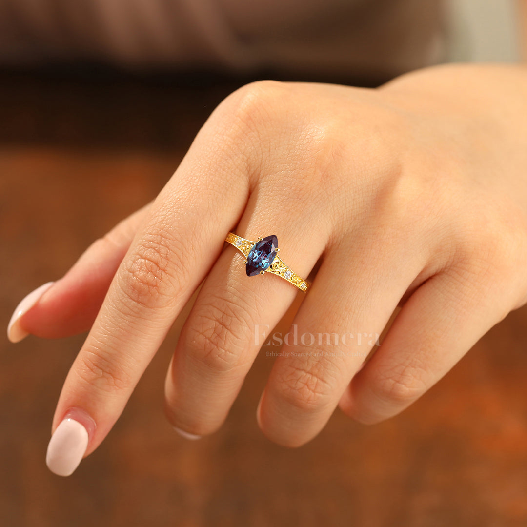 Vine Flourish Marquise Cut Alexandrite Women Ring Vintage Filigreed Bridal Ring