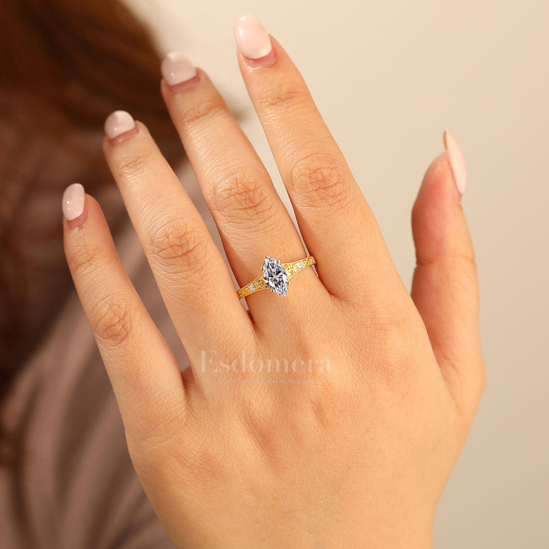 14K Dainty Vintage Marquise Lab Grown Diamond Engagement Ring Pave Accents Wedding Ring Yellow Gold Wedding Ring (IGI Certified)