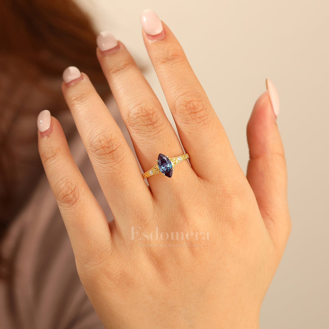 Vine Flourish Marquise Cut Alexandrite Women Ring Vintage Filigreed Bridal Ring