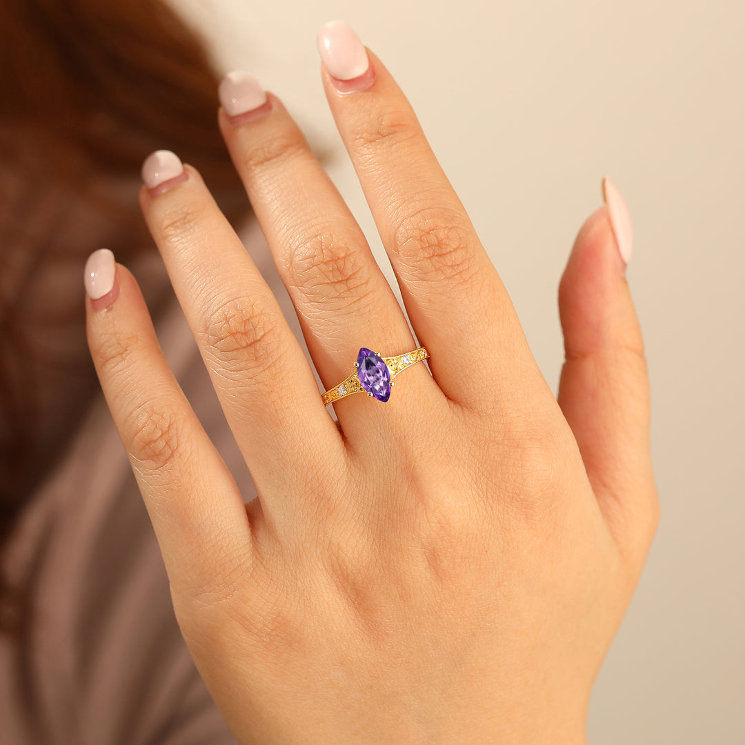 Antique Style Amethyst Women Ring Filigreed Vine Prong Setting Engagement Ring