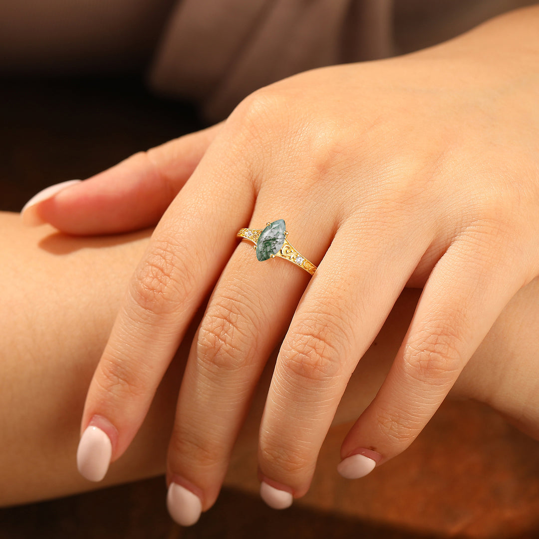 Artsy Marquise Cut Moss Agate Filigreed Milgrained Women Ring Solid Yellow Gold Bridal Ring
